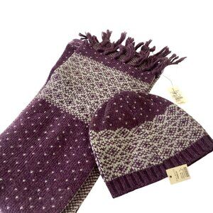 NWT Talbots Knit Hat & Scarf Set Purple Pattern Wool Blend